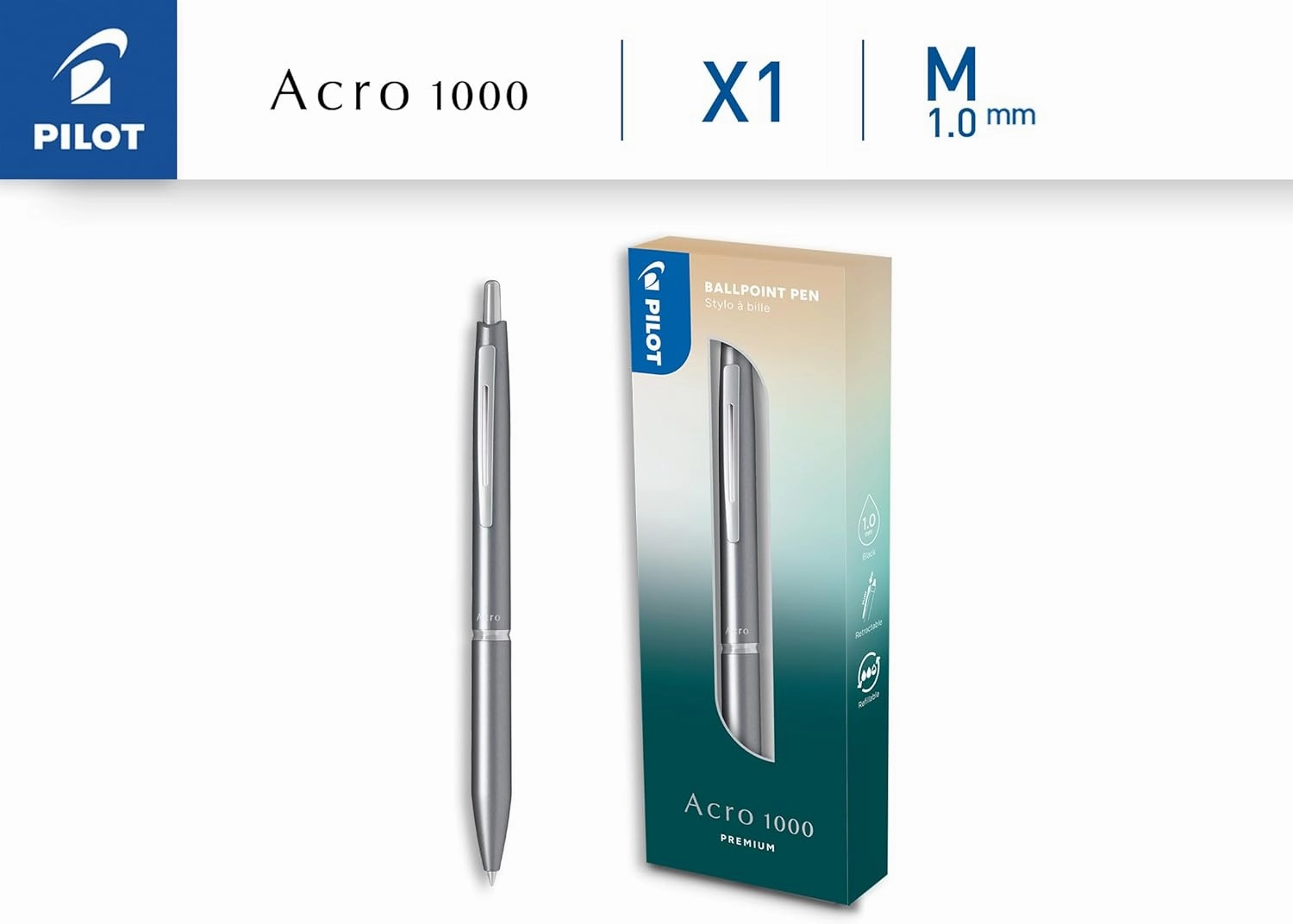 Pilot - Premium Acro 1000 Silver ballpoint pen in gift box - Ultra soft ink for unparalleled writing smoothness - Refillable and retractable ballpoint pen - Black ink - Medium point