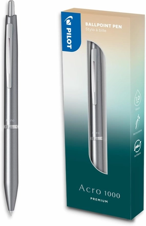 Pilot - Premium Acro 1000 Silver ballpoint pen in gift box - Ultra soft ink for unparalleled writing smoothness - Refillable and retractable ballpoint pen - Black ink - Medium point