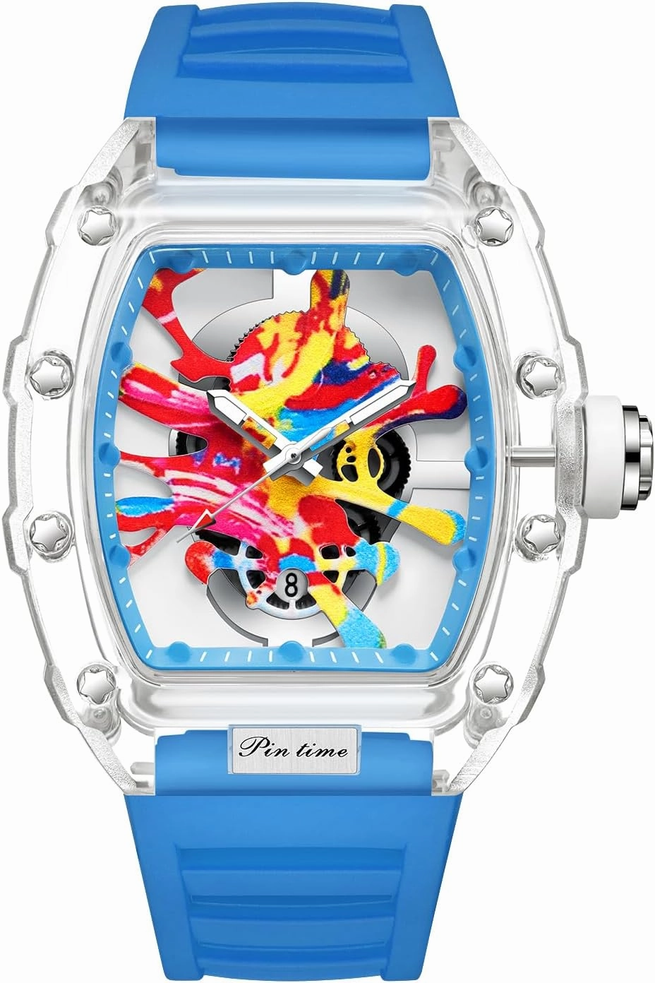 PINTIME Mens Luxury Tonneau Fashion Hallow Punk Graffiti Art Dial Hip-hop Unique Sports Wrist Watch Japanese Movement Luminous Design with Silicone Band