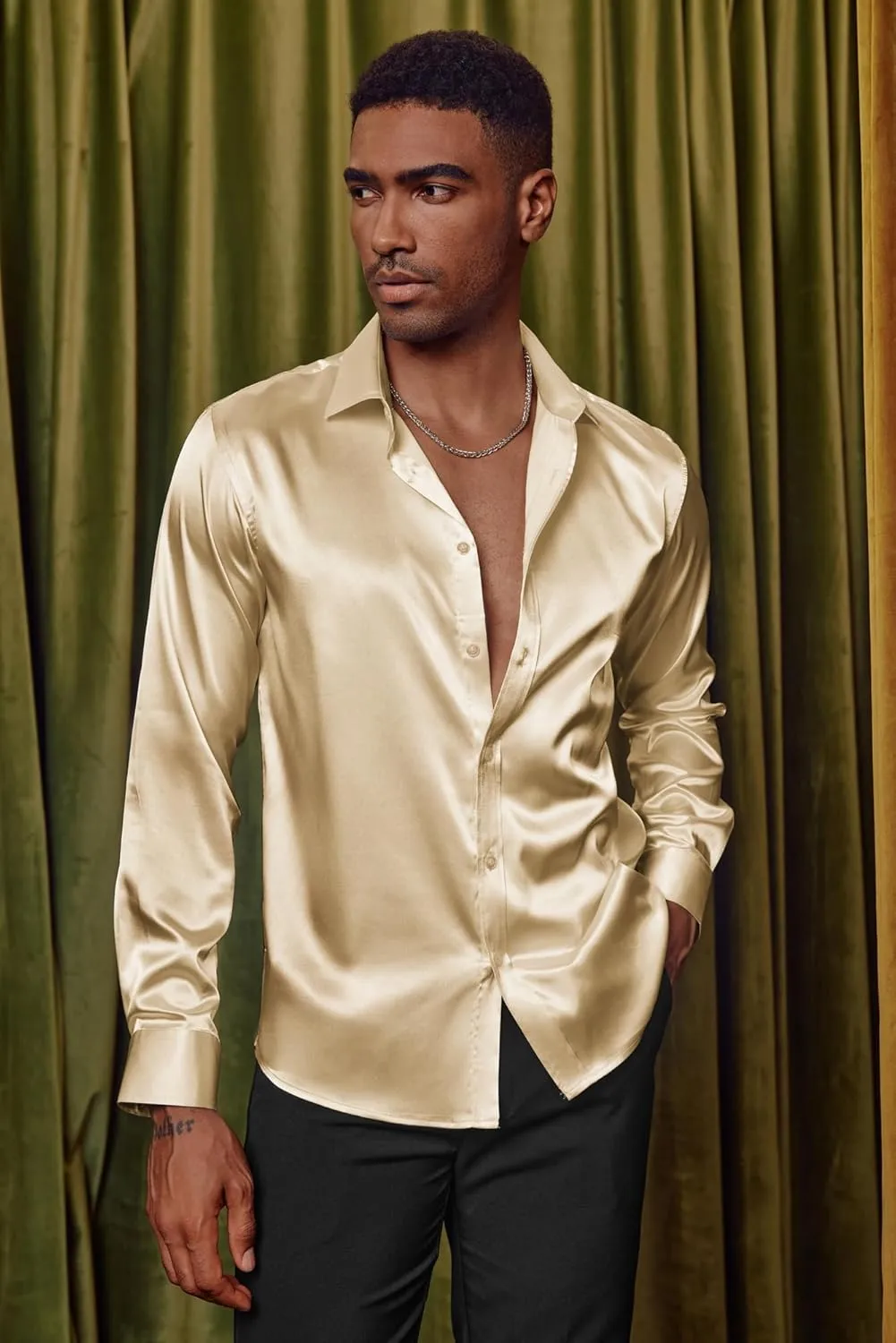 PJ PAUL JONES Men's Shiny Satin Dress Shirts Long Sleeve Button Down Silk Shirt with Bow Tie