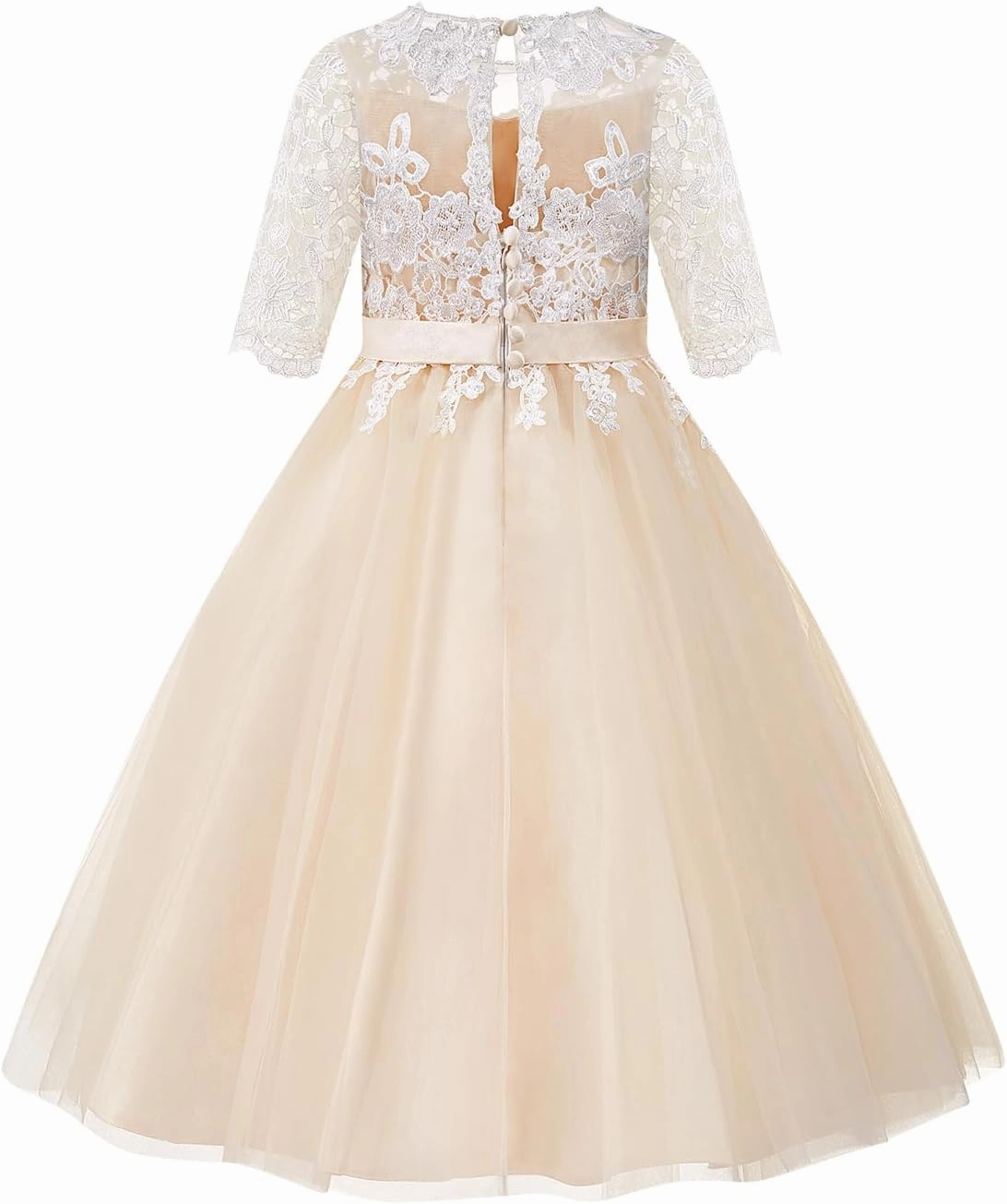 PLUVIOPHILY Champagne Tulle Wedding Flower Girl Dress Ivory Lace Short Sleeves Christening Communion Dress