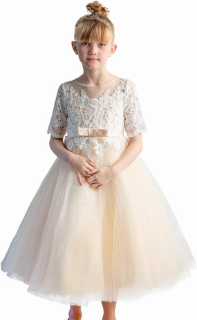 PLUVIOPHILY Champagne Tulle Wedding Flower Girl Dress Ivory Lace Short Sleeves Christening Communion Dress