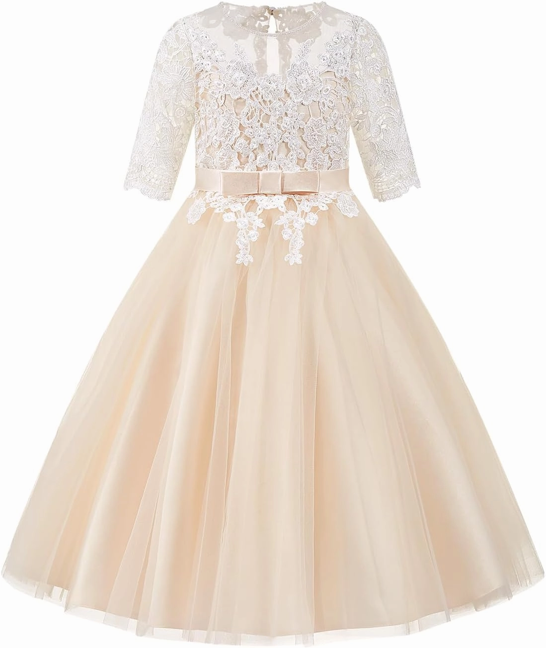 PLUVIOPHILY Champagne Tulle Wedding Flower Girl Dress Ivory Lace Short Sleeves Christening Communion Dress