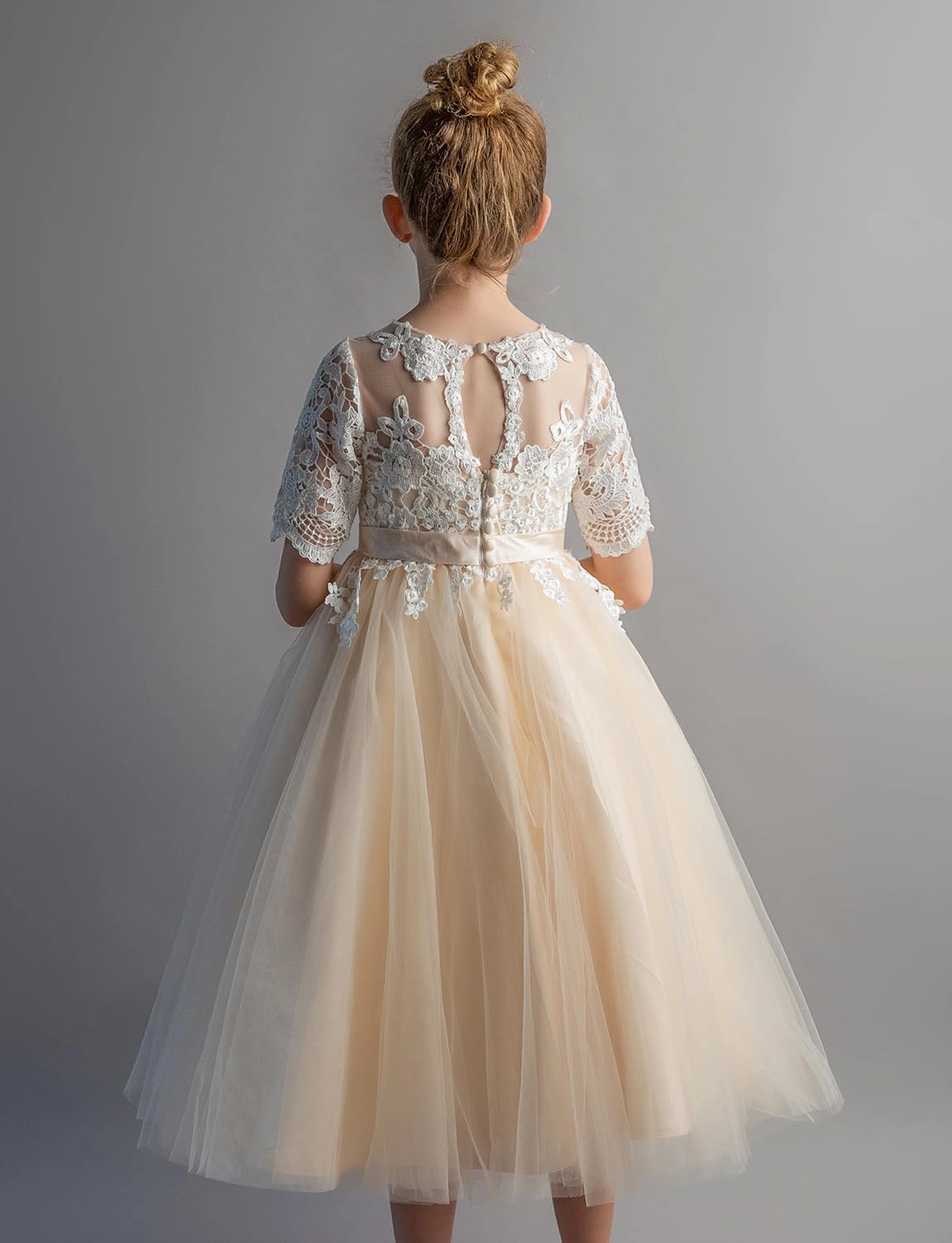 PLUVIOPHILY Champagne Tulle Wedding Flower Girl Dress Ivory Lace Short Sleeves Christening Communion Dress