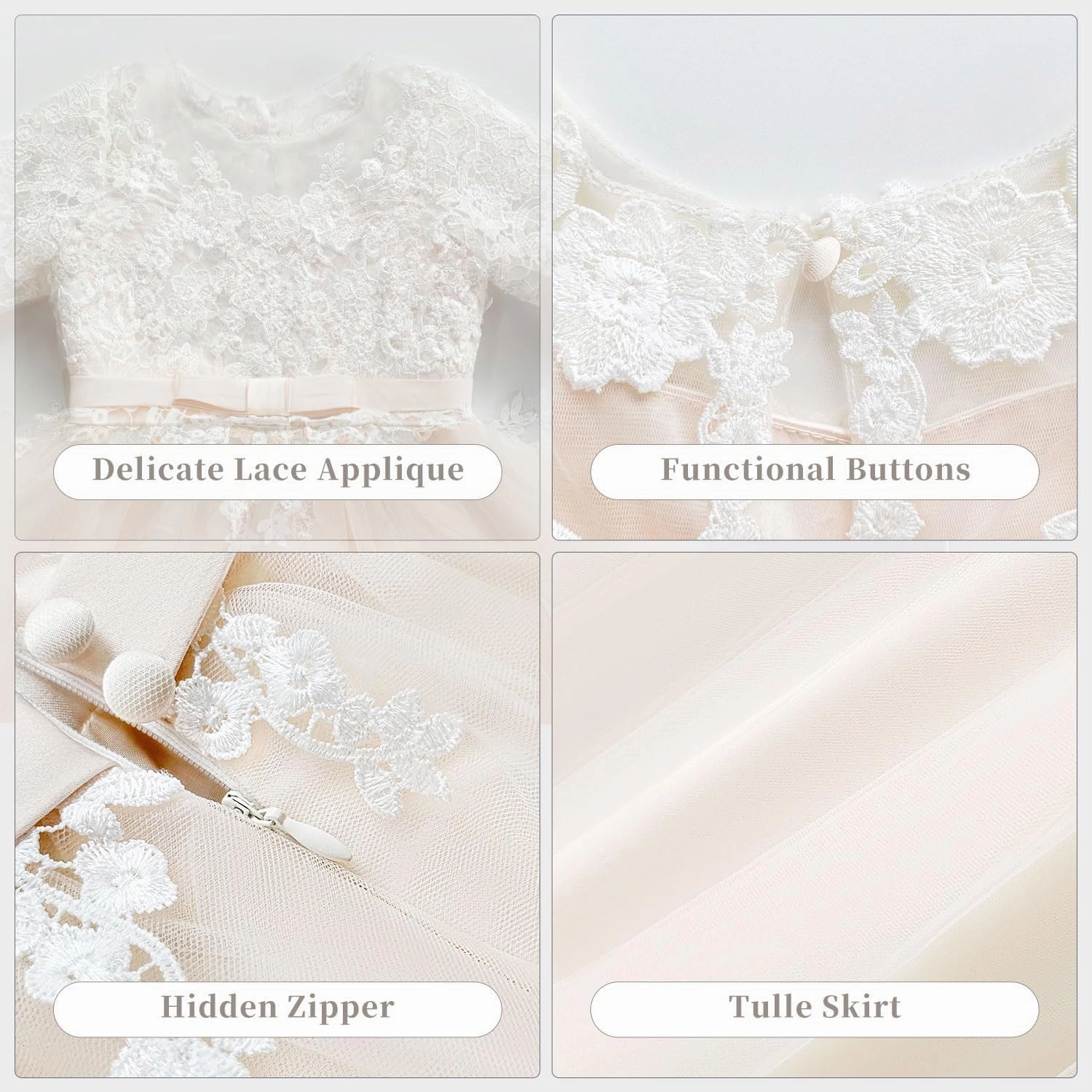 PLUVIOPHILY Champagne Tulle Wedding Flower Girl Dress Ivory Lace Short Sleeves Christening Communion Dress