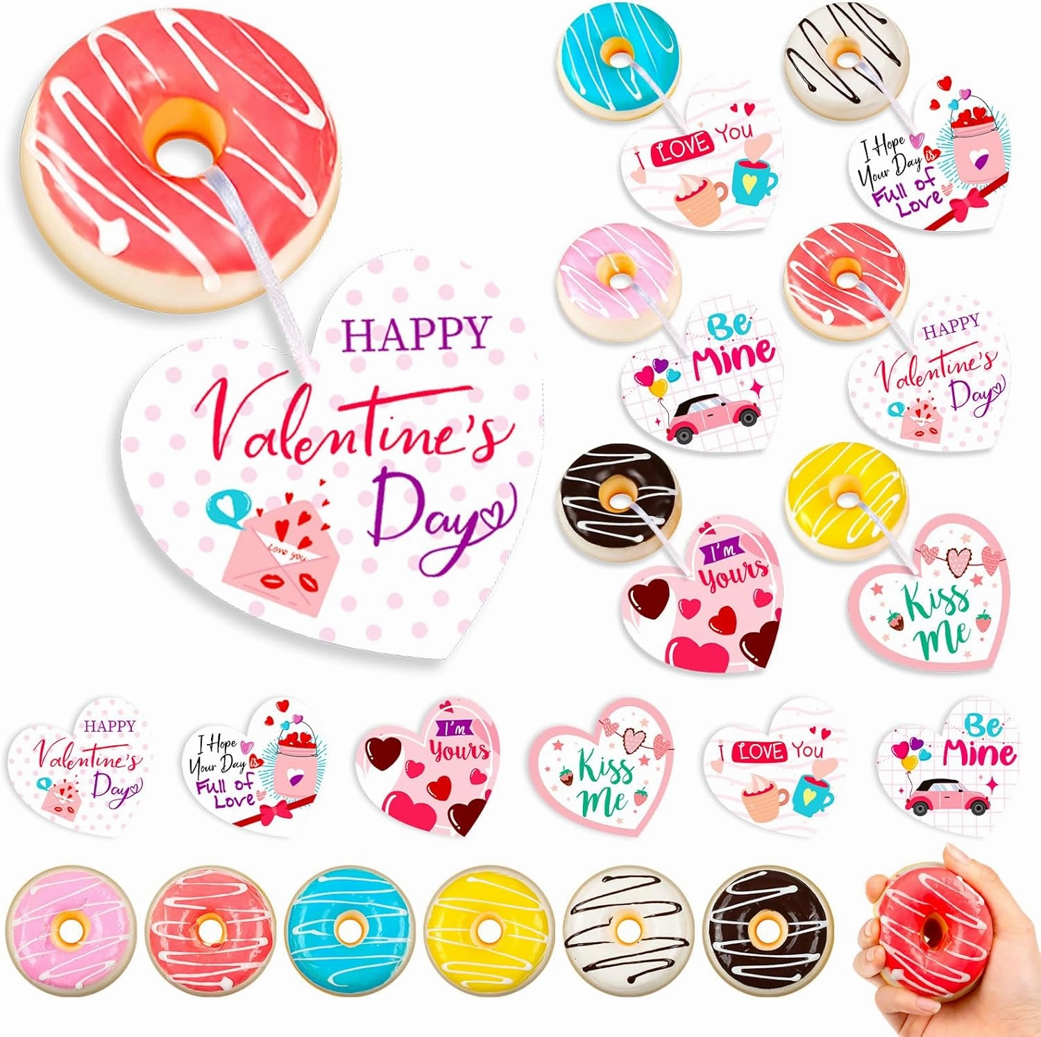 Poen 24 Sets Valentine's Day Classroom School Exchange Gifts for Kids 24 Donut Stress Ball Bulk 24 Heart Cutout Cards for Valentines Classroom Gift Squeeze Stress Relief Ball Toys School Party Favor