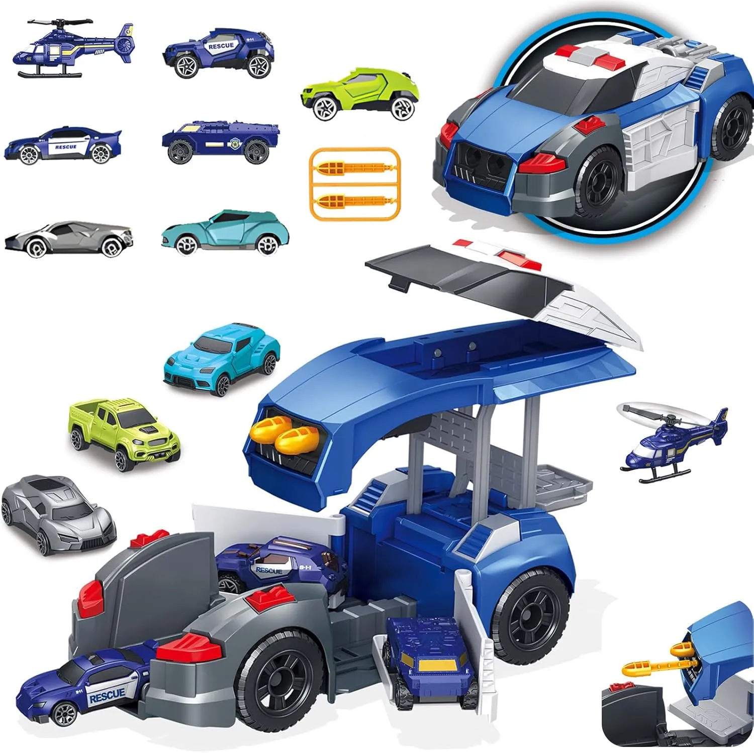 Police Car Rescue Truck Toys, Kids Toy Cars Mini Police Vehicles Helicopter Pickup Trucks SUV, Open Doors, Toy Car for Boys 3-9, Birthday Gifts for Over 3 Years Old Boy Girls, Blue