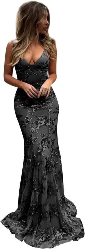 POMUYOO Women's Spaghetti Straps Sequin Mermaid Prom Dresses Long V-Neck Backless Evening Formal Gown