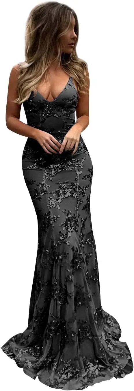 POMUYOO Women's Spaghetti Straps Sequin Mermaid Prom Dresses Long V-Neck Backless Evening Formal Gown