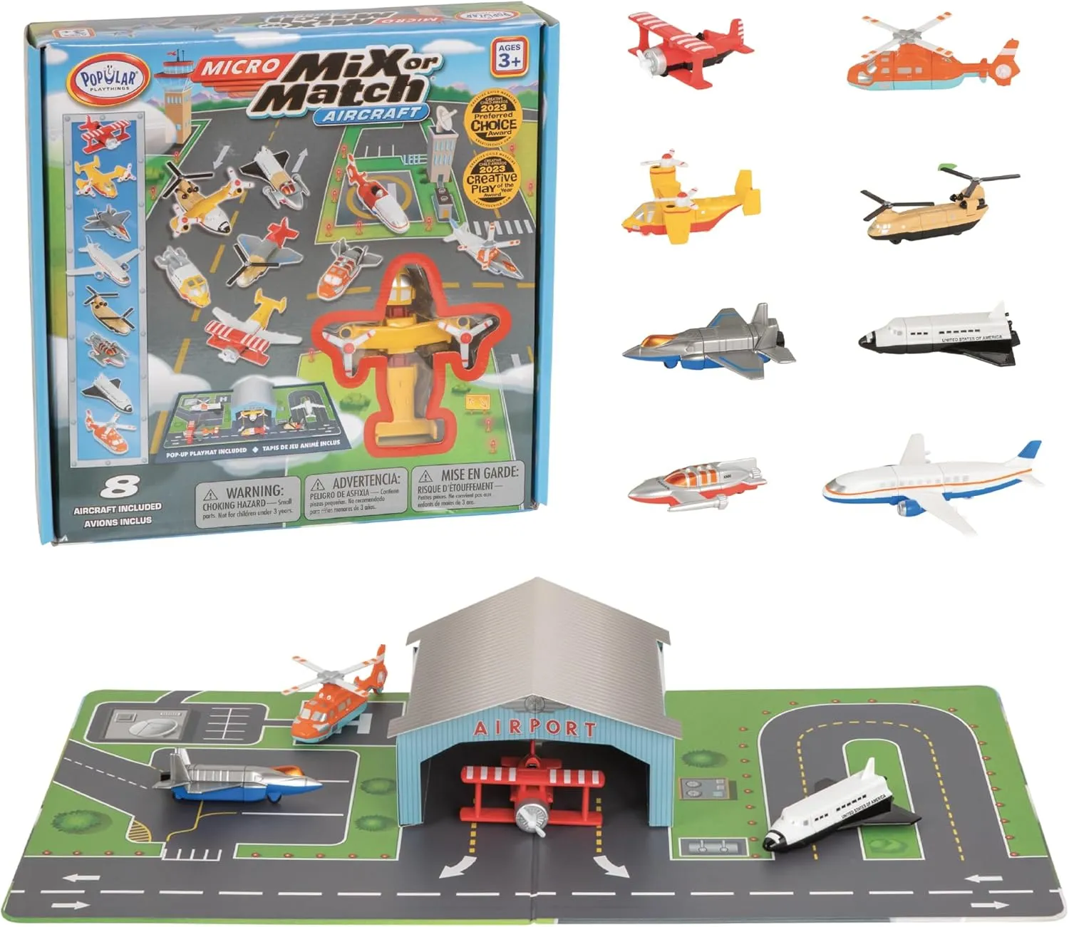POPULAR PLAYTHINGS Mix or Match Vehicles, Magnetic Snap Toy Play Set, Micro Aircraft with Airplane Helicopter and More, Playmat Included