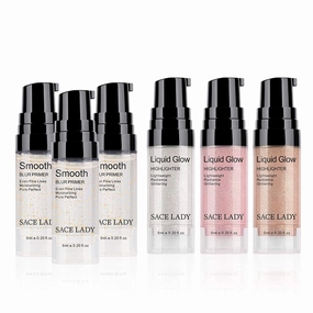 Poreless Face Primer 3pcs & Shimmer Highlighter Makeup Glow Illuminator 3pcs, Ultra-smooth Soft Lightweight Pore Minimizer and Liquid Highlighter Face Cosmetic Set