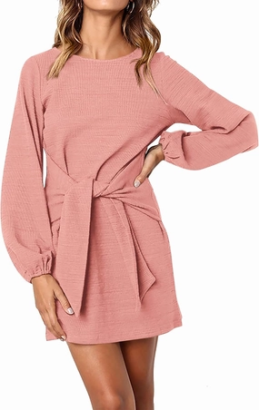 PRETTYGARDEN Women's Elegant Long Lantern Sleeve Short Dress Crewneck Tie Waist Knit Cocktail Dress