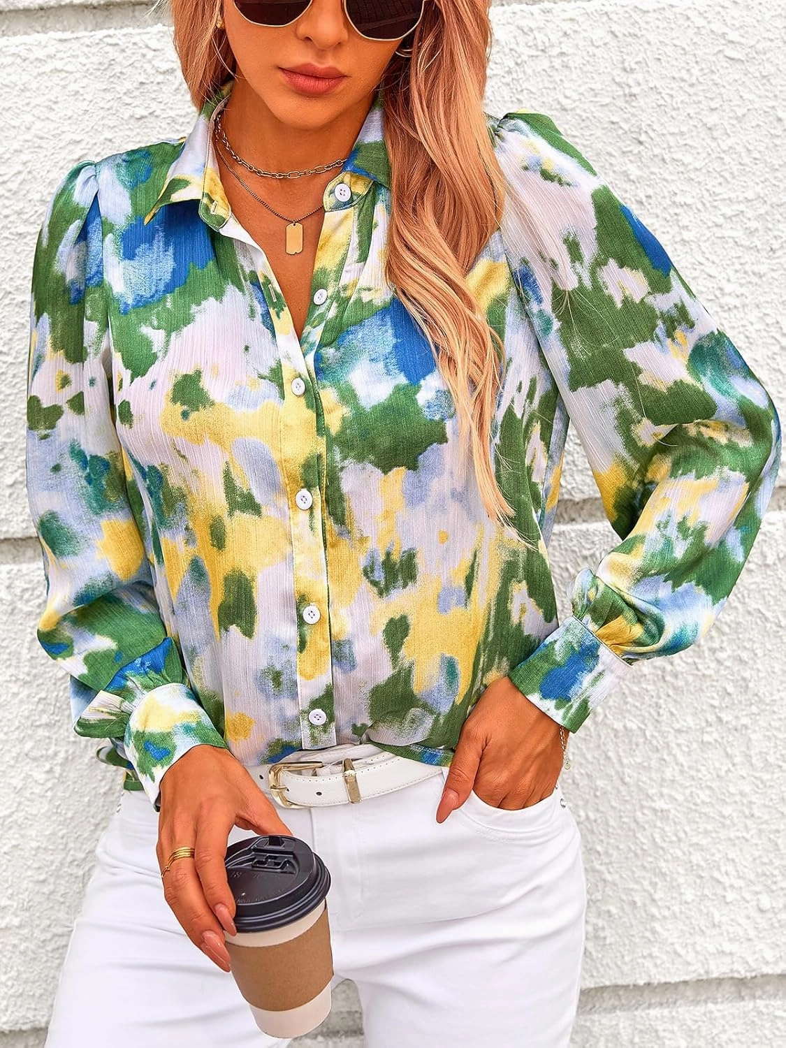 PRETTYGARDEN Women's Floral Blouses Dressy Casual V Neck Button Down Shirts Lantern Long Sleeve Boho Chiffon Spring Tops 2025
