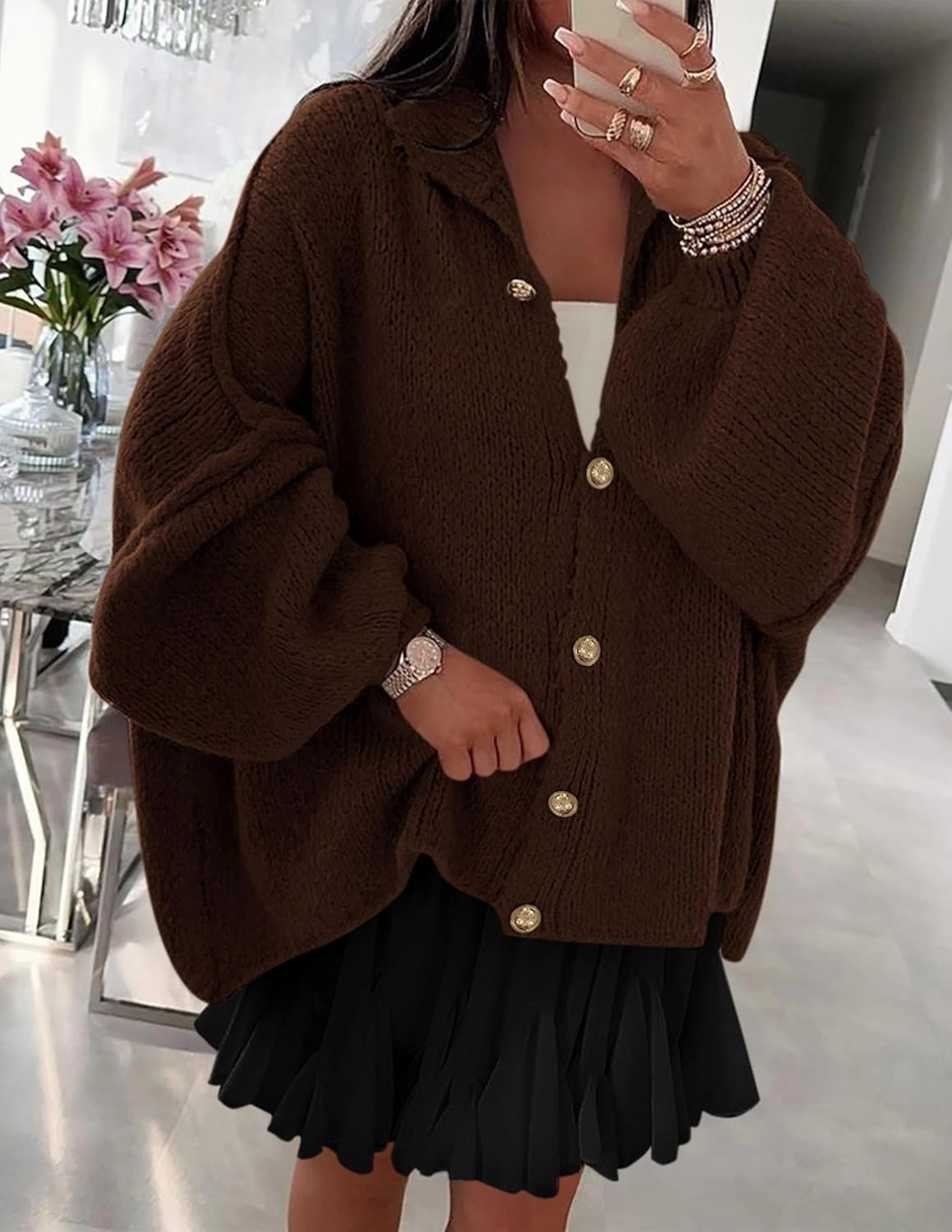 PRETTYGARDEN Women's Winter Button Down Cardigan Sweaters Mock Neck Lantern Long Sleeve Chunky Knit Jacket Trendy Outerwear