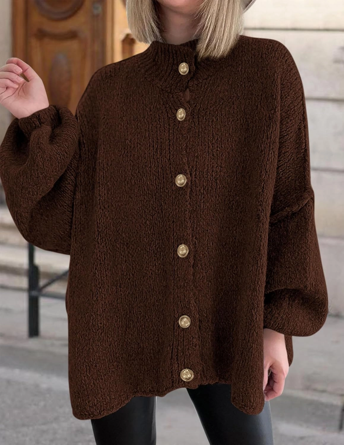 PRETTYGARDEN Women's Winter Button Down Cardigan Sweaters Mock Neck Lantern Long Sleeve Chunky Knit Jacket Trendy Outerwear