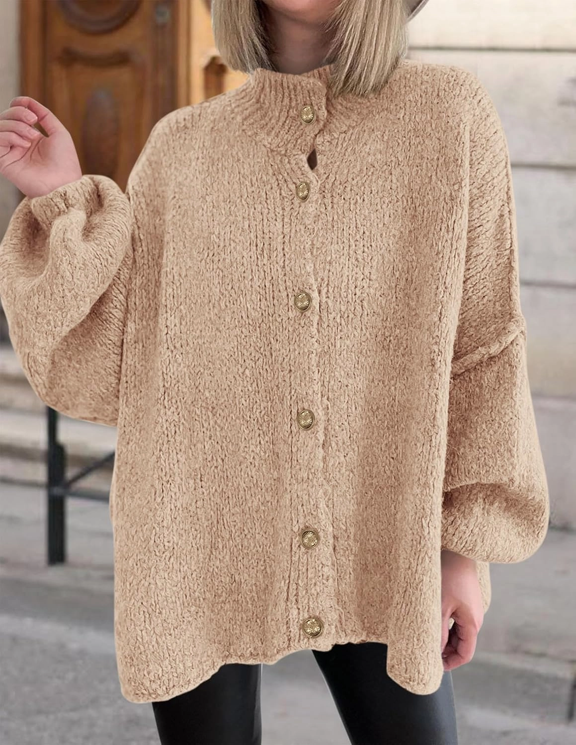 PRETTYGARDEN Women's Winter Button Down Cardigan Sweaters Mock Neck Lantern Long Sleeve Chunky Knit Jacket Trendy Outerwear