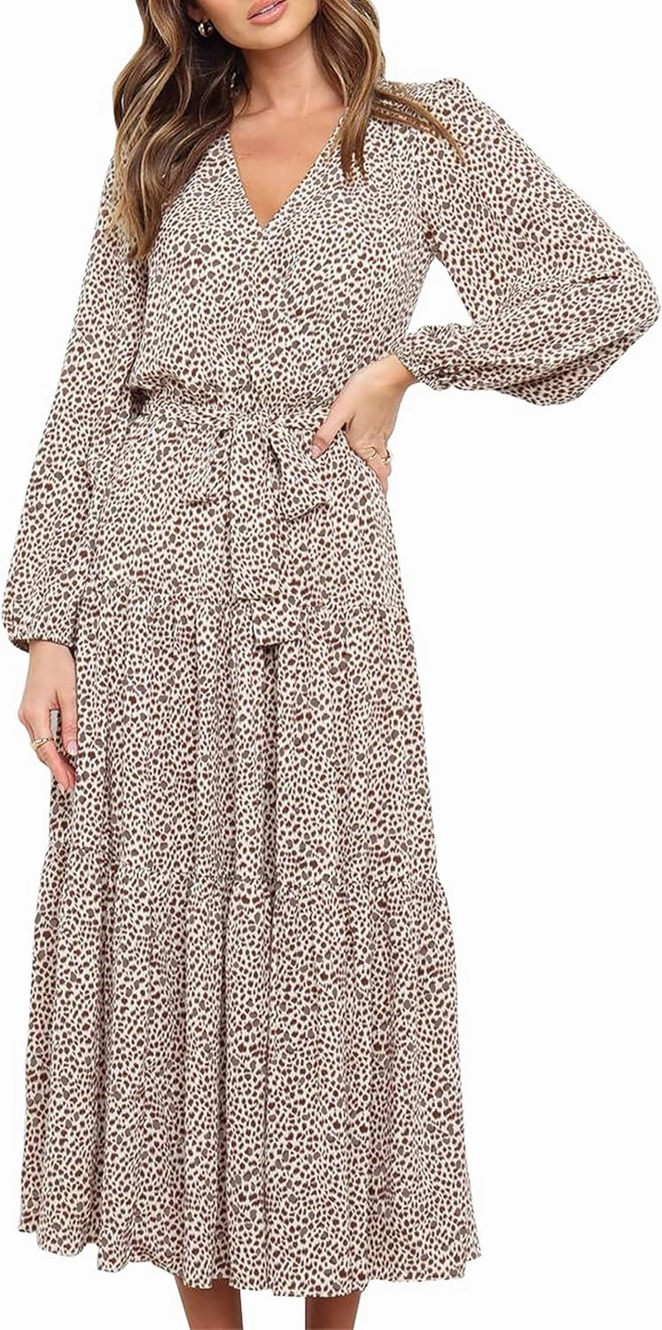PRETTYGARDEN Womens Spring Long Sleeve Wrap V Neck Ruffle Floral Maxi Dress Casual Tie Waist Boho Chiffon Flowy Long Dresses