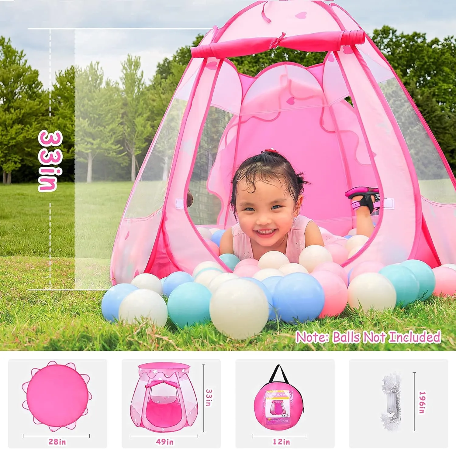 Princess Tent Girls Kids Playhouse Pop Up Play Tent with Star Light Tent for Kids Ball Pit Toys for 1,2,3 Years Girl Birthday Gift for Indoor Outdoor Toddler Girl Gift, Easy to Pop Up and Assemble