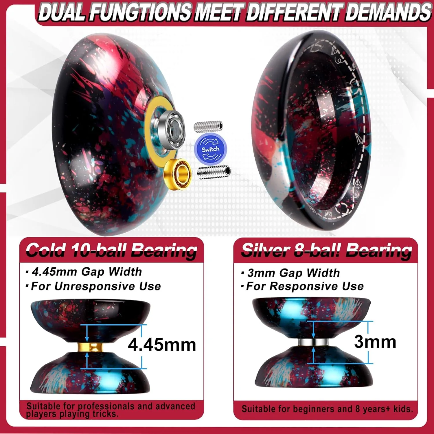 Professional Unresponsive Yoyo for Pros and Responsive Yoyos for Kids Beginners, Package Includes Replaceable Responsive Bearings, yo-yo Gloves, and 5 yo-yo Cords(Red Blue Black)