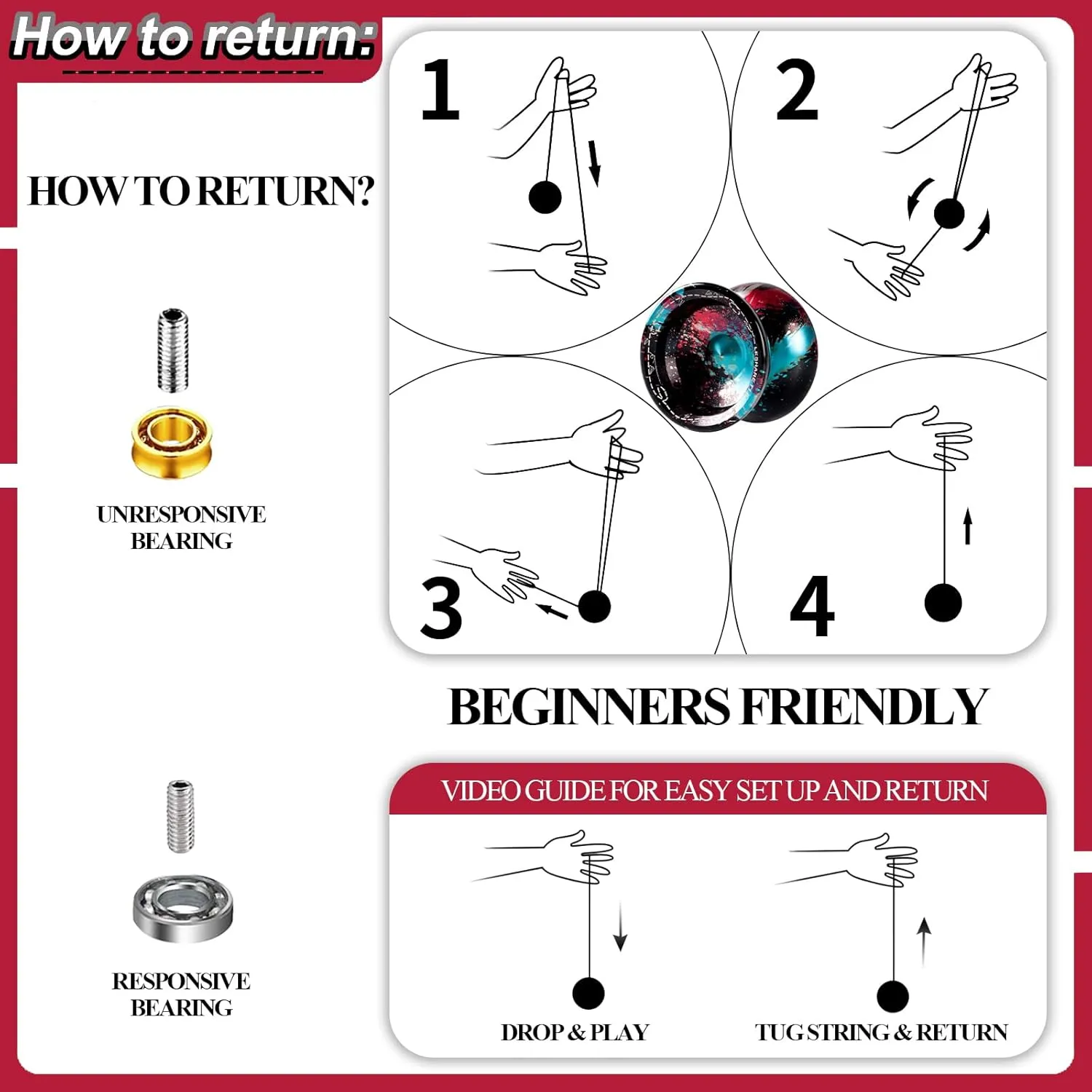 Professional Unresponsive Yoyo for Pros and Responsive Yoyos for Kids Beginners, Package Includes Replaceable Responsive Bearings, yo-yo Gloves, and 5 yo-yo Cords(Red Blue Black)