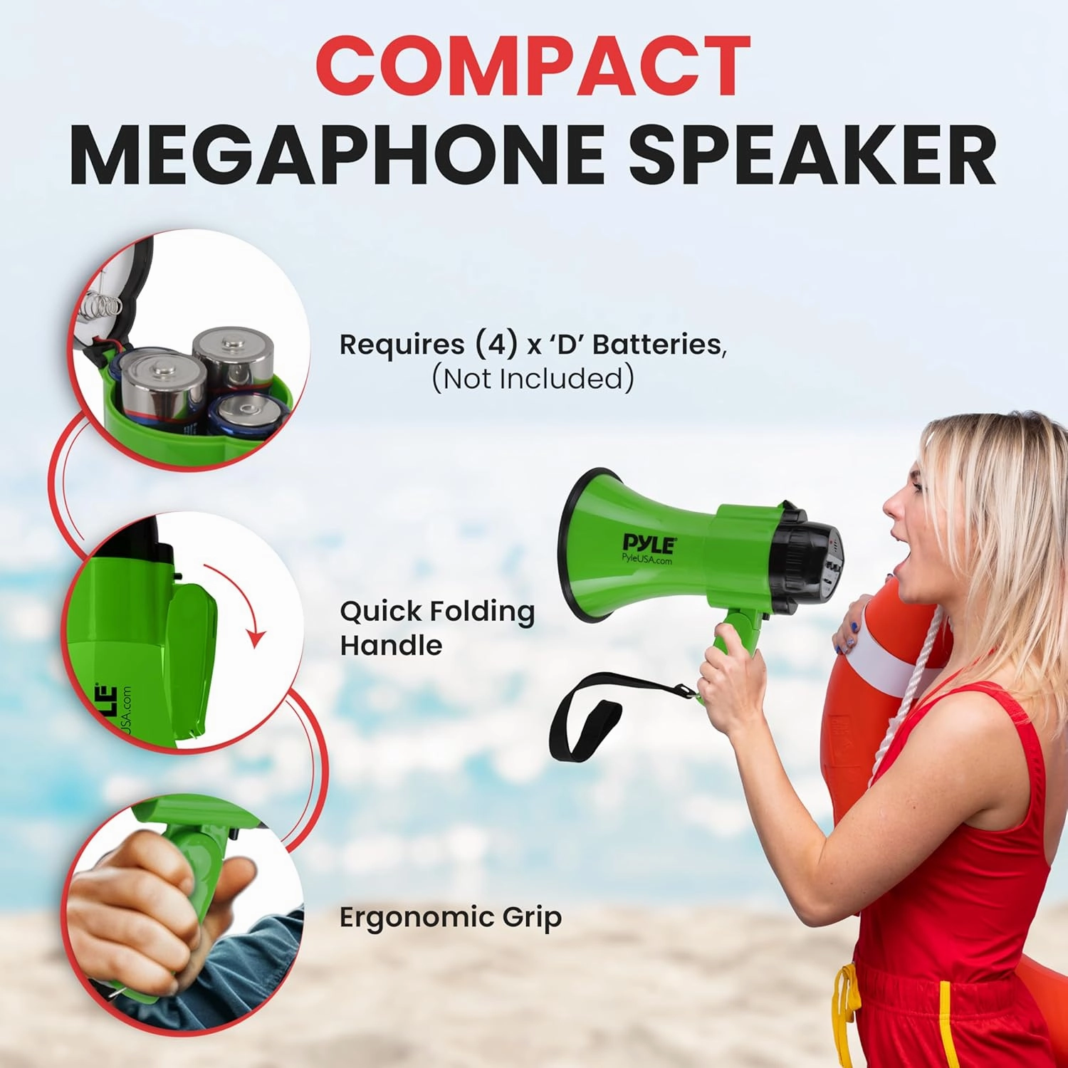 Pyle Compact Battery-Operated Megaphone with Siren - 30 Watt Power, Microphone, 2 Modes, PA Sound, Bullhorn, Foldable Handle for Cheerleading, Police Use (Green)