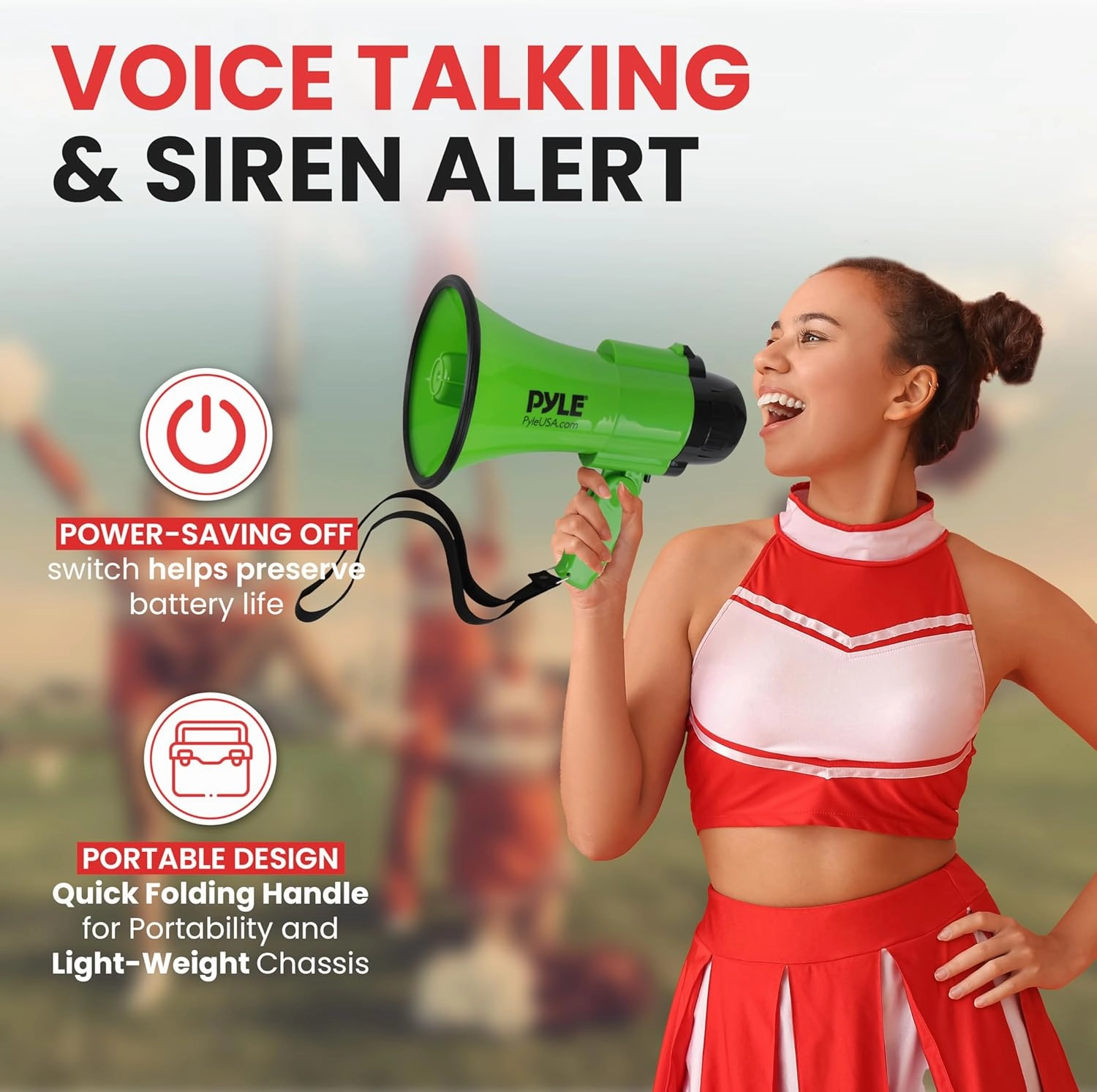 Pyle Compact Battery-Operated Megaphone with Siren - 30 Watt Power, Microphone, 2 Modes, PA Sound, Bullhorn, Foldable Handle for Cheerleading, Police Use (Green)
