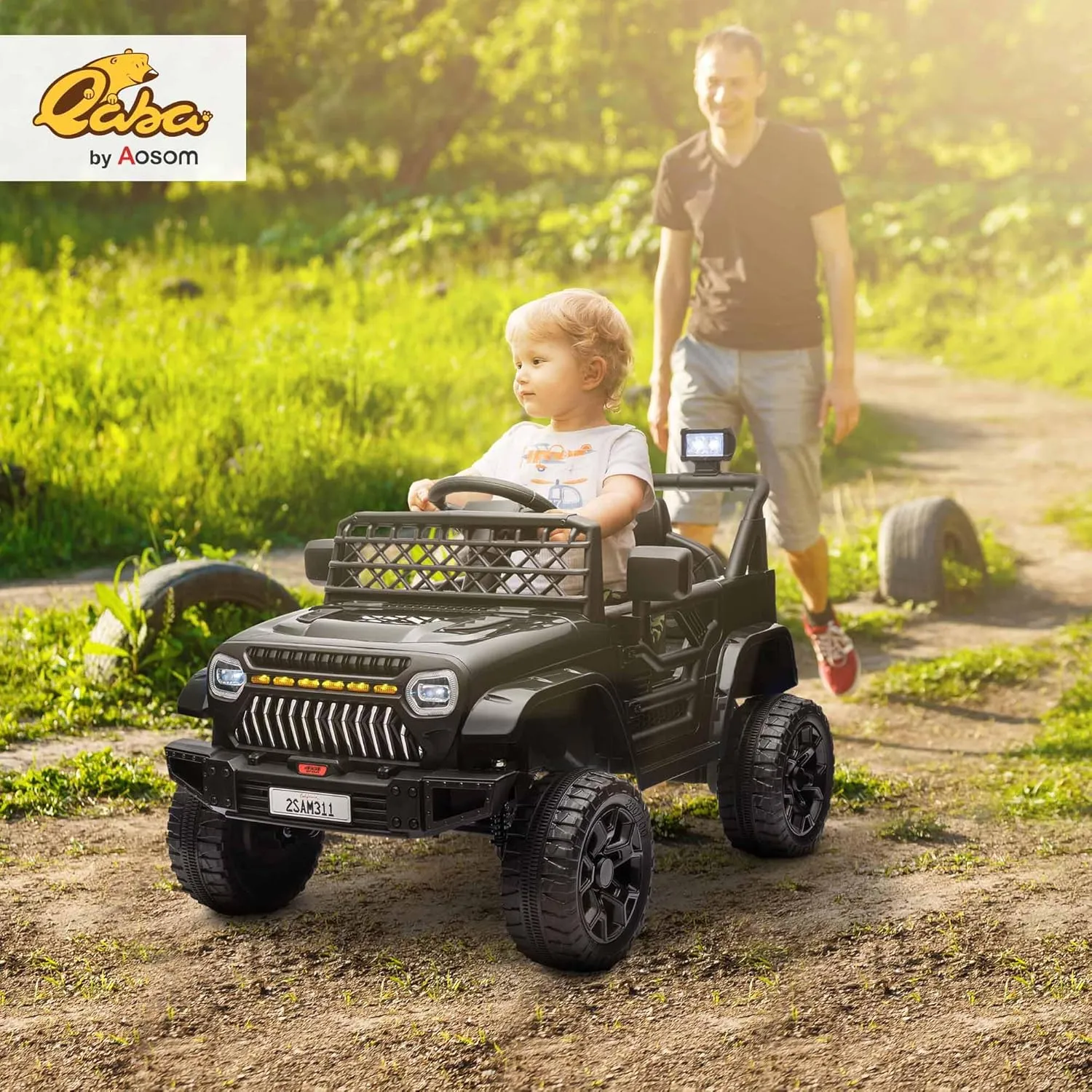 Qaba 12V Ride On Truck, Battery Powered Kids Electric Car with 4 Suspension Wheels, Remote Control, 3 Speeds, LED Headlights, Horn, USB Music, Black