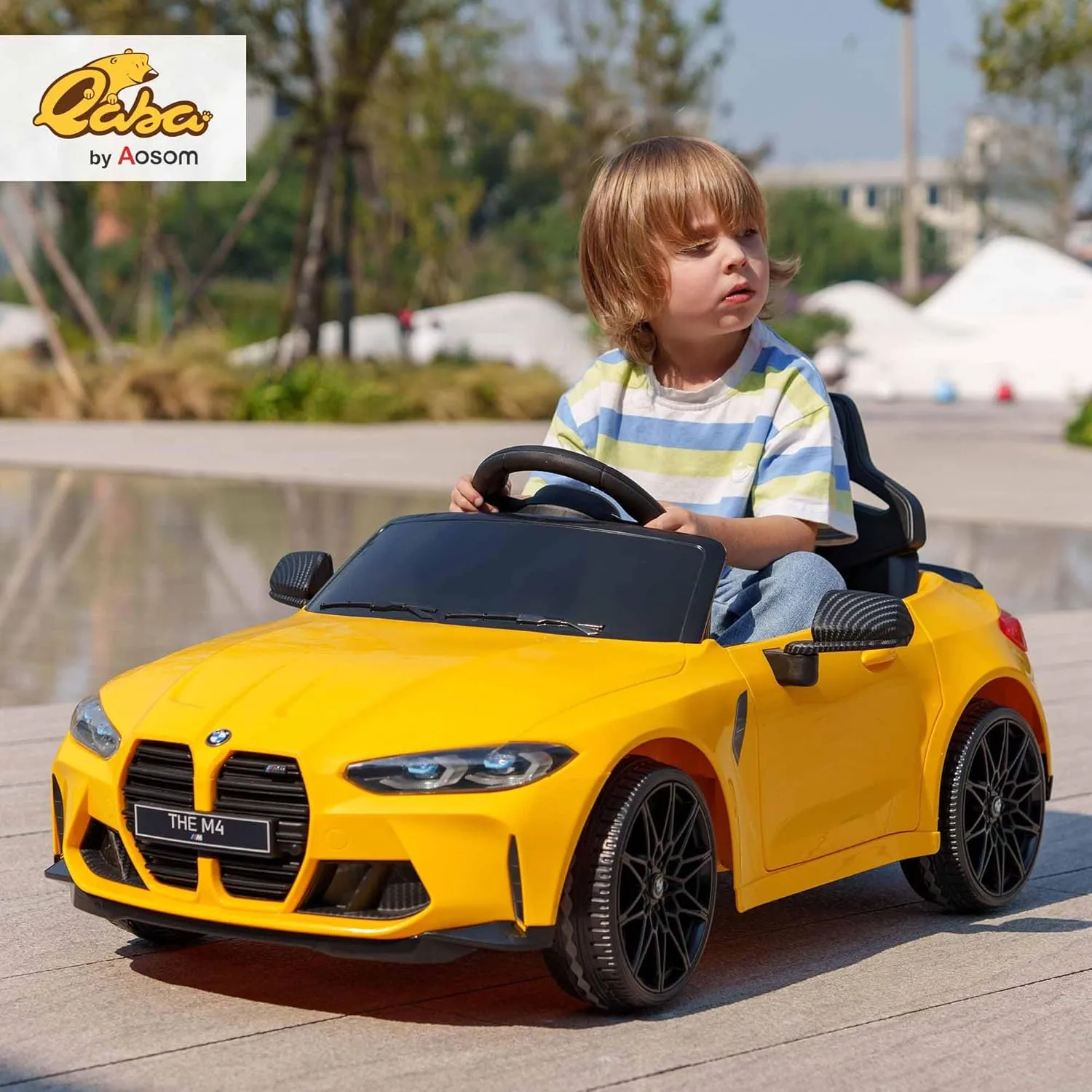 Qaba BMW M4 Licensed Kids Electric Ride On Car, 12V with Parent Remote Control, Suspension, Handle Attachment, Battery Powered Kids Car with LED Lights, Music, Soft Start, Yellow