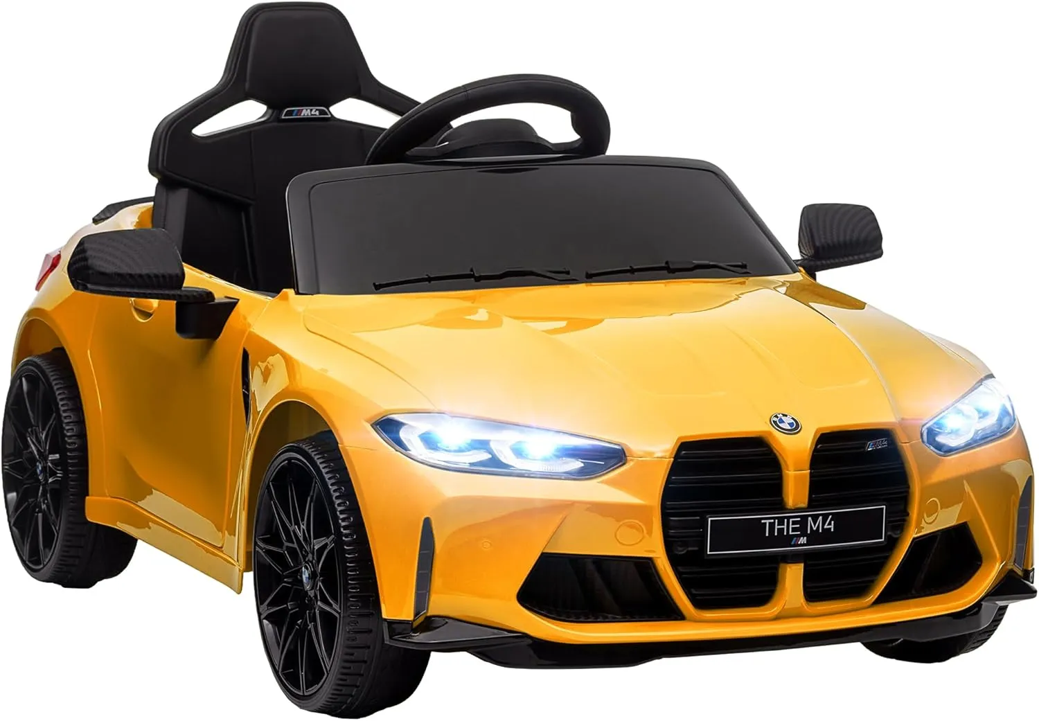Qaba BMW M4 Licensed Kids Electric Ride On Car, 12V with Parent Remote Control, Suspension, Handle Attachment, Battery Powered Kids Car with LED Lights, Music, Soft Start, Yellow