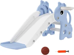 Qaba Toddler Slide with Climber, Basketball Hoop and Ball, Indoor Kids Slide with Giraffe Design, Freestanding Playground Equipment for Age 1-3 Years, Blue