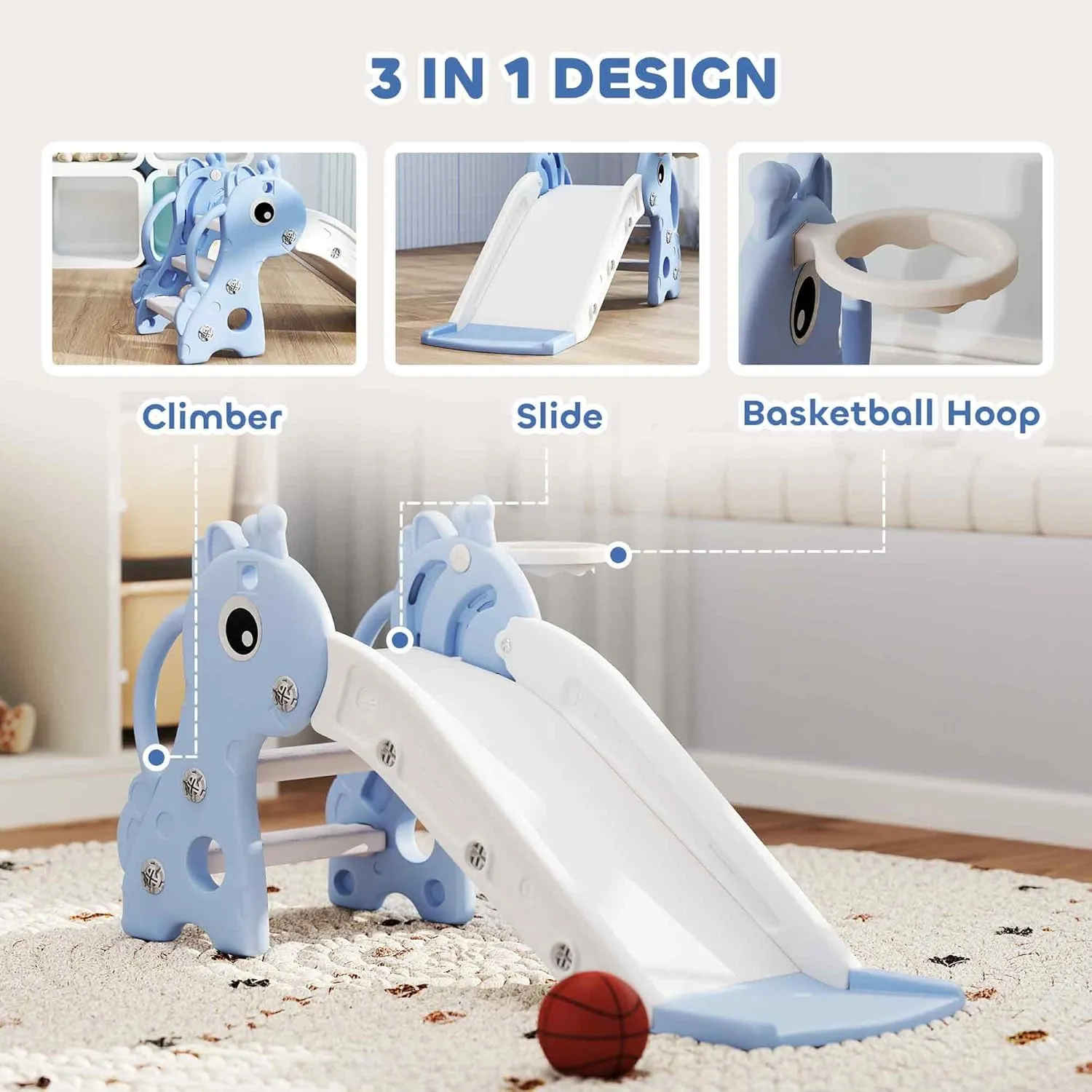 Qaba Toddler Slide with Climber, Basketball Hoop and Ball, Indoor Kids Slide with Giraffe Design, Freestanding Playground Equipment for Age 1-3 Years, Blue