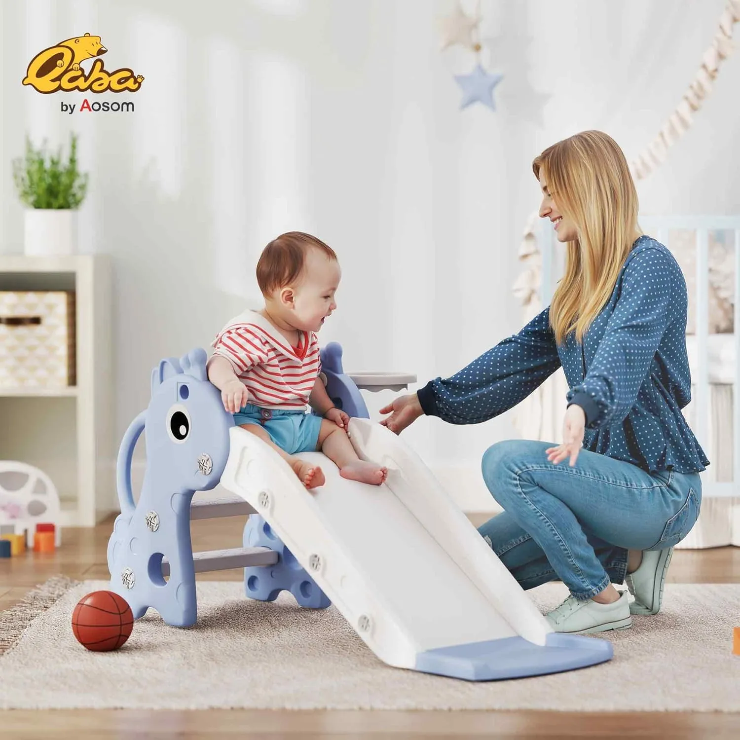 Qaba Toddler Slide with Climber, Basketball Hoop and Ball, Indoor Kids Slide with Giraffe Design, Freestanding Playground Equipment for Age 1-3 Years, Blue