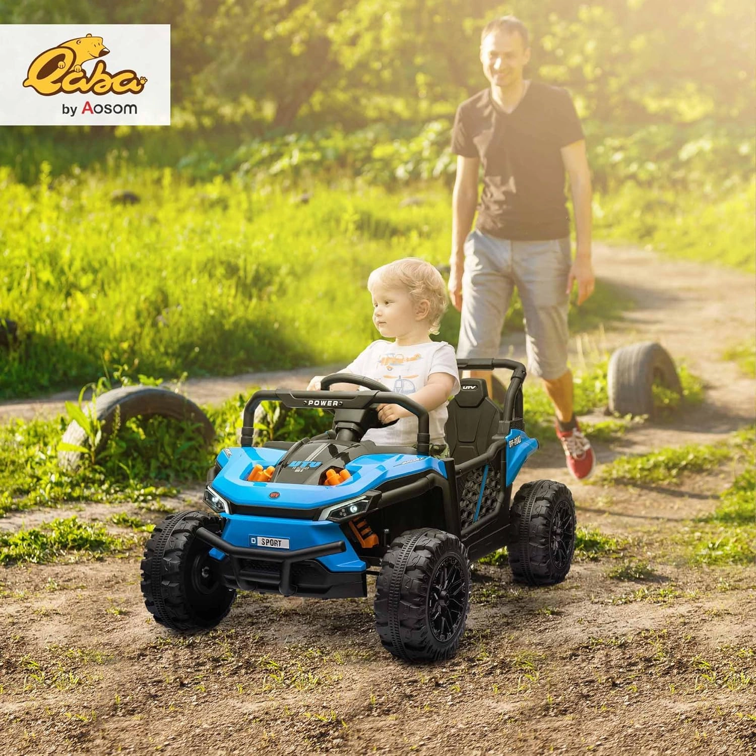 Qaba 12V Kids UTV, Battery Powered Ride on Truck, 3.7 MPH Off-Road Electric Car with Remote Control, 4-Wheel Suspension, LED Headlights, 3 Speeds, Horn & Music, for Boys and Girls, Blue