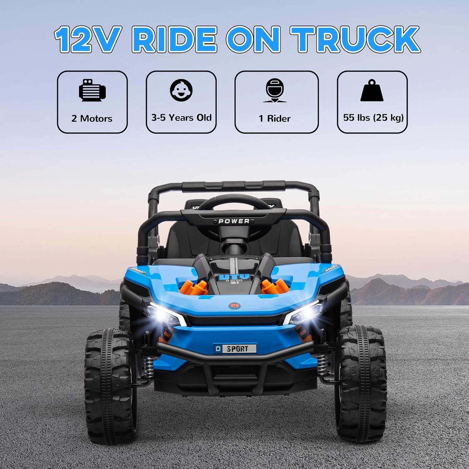 Qaba 12V Kids UTV, Battery Powered Ride on Truck, 3.7 MPH Off-Road Electric Car with Remote Control, 4-Wheel Suspension, LED Headlights, 3 Speeds, Horn & Music, for Boys and Girls, Blue