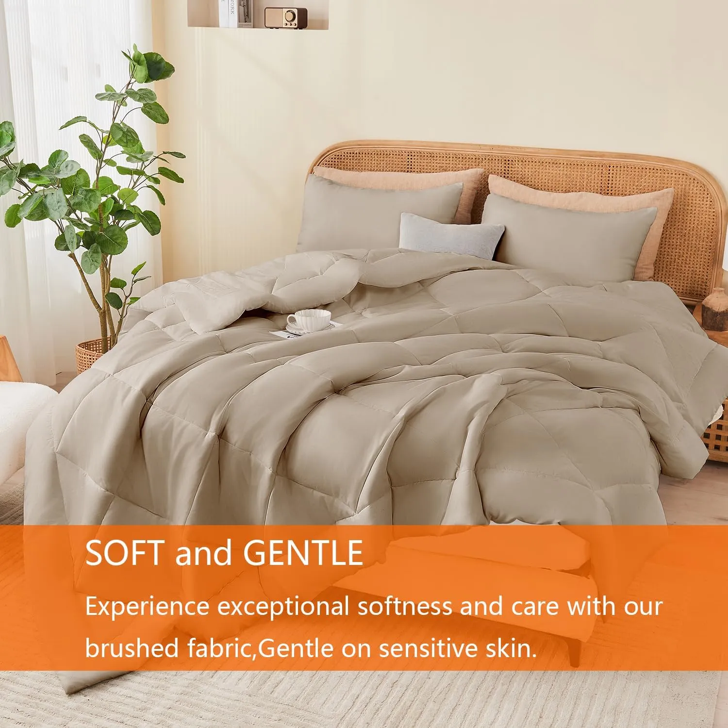 Queen Comforter Set Beige, 3 Pieces Lightweight All Season Solid Bedding Comforters Sets, Down Alternative Comforter Bed Set Quilt Blanket, (90x90In Comforter & 2 Pillowcases)
