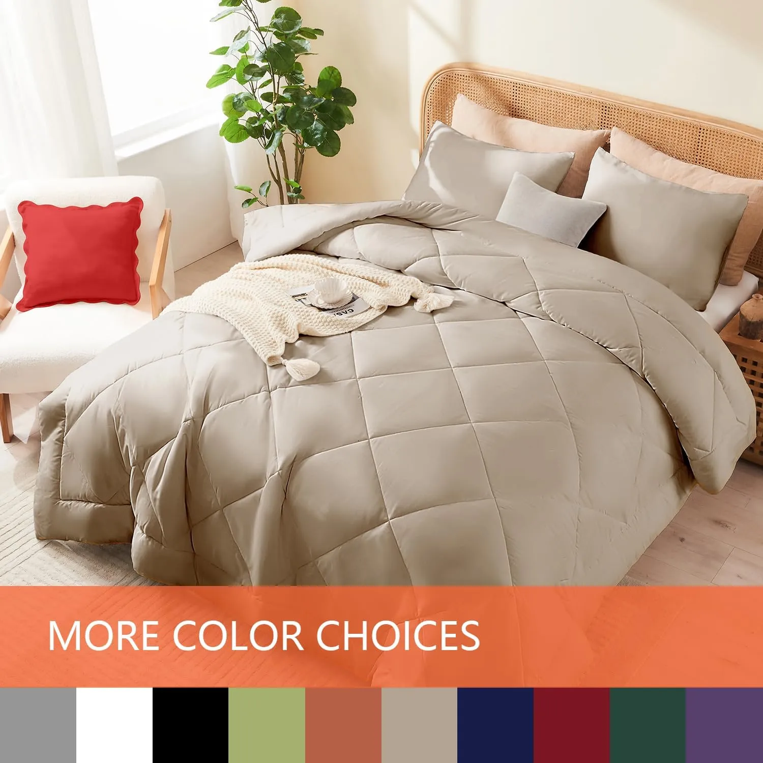 Queen Comforter Set Beige, 3 Pieces Lightweight All Season Solid Bedding Comforters Sets, Down Alternative Comforter Bed Set Quilt Blanket, (90x90In Comforter & 2 Pillowcases)