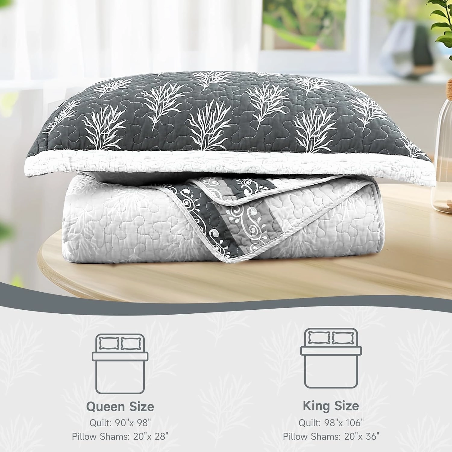 Quilt Set Queen Size - Queen Quilts Bedding Set, 100% Cotton Reversible Luxury Comforter Set, Farmhouse Floral Boho Striped Patchwork Bedspreads Set with Shams for All Season, 90"x98" Grey