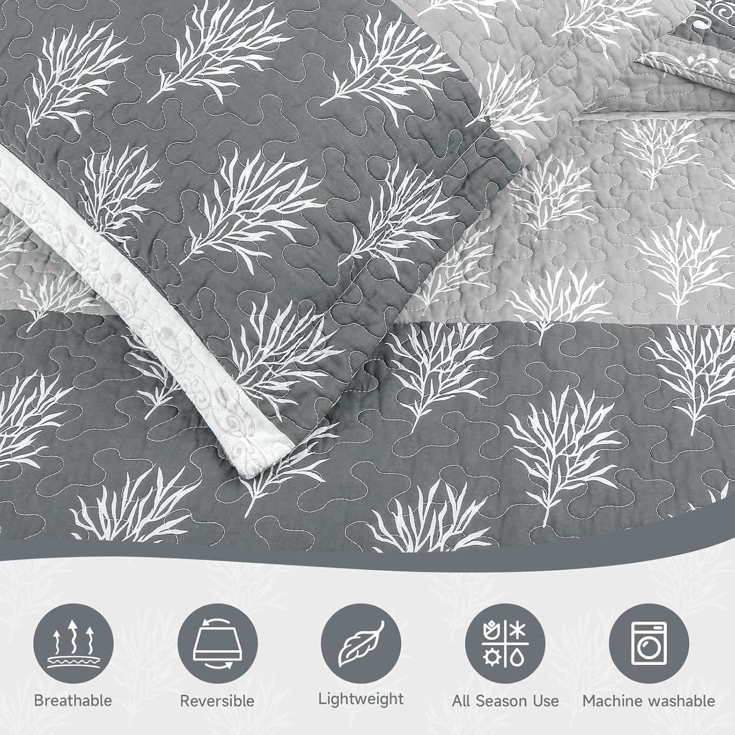 Quilt Set Queen Size - Queen Quilts Bedding Set, 100% Cotton Reversible Luxury Comforter Set, Farmhouse Floral Boho Striped Patchwork Bedspreads Set with Shams for All Season, 90"x98" Grey