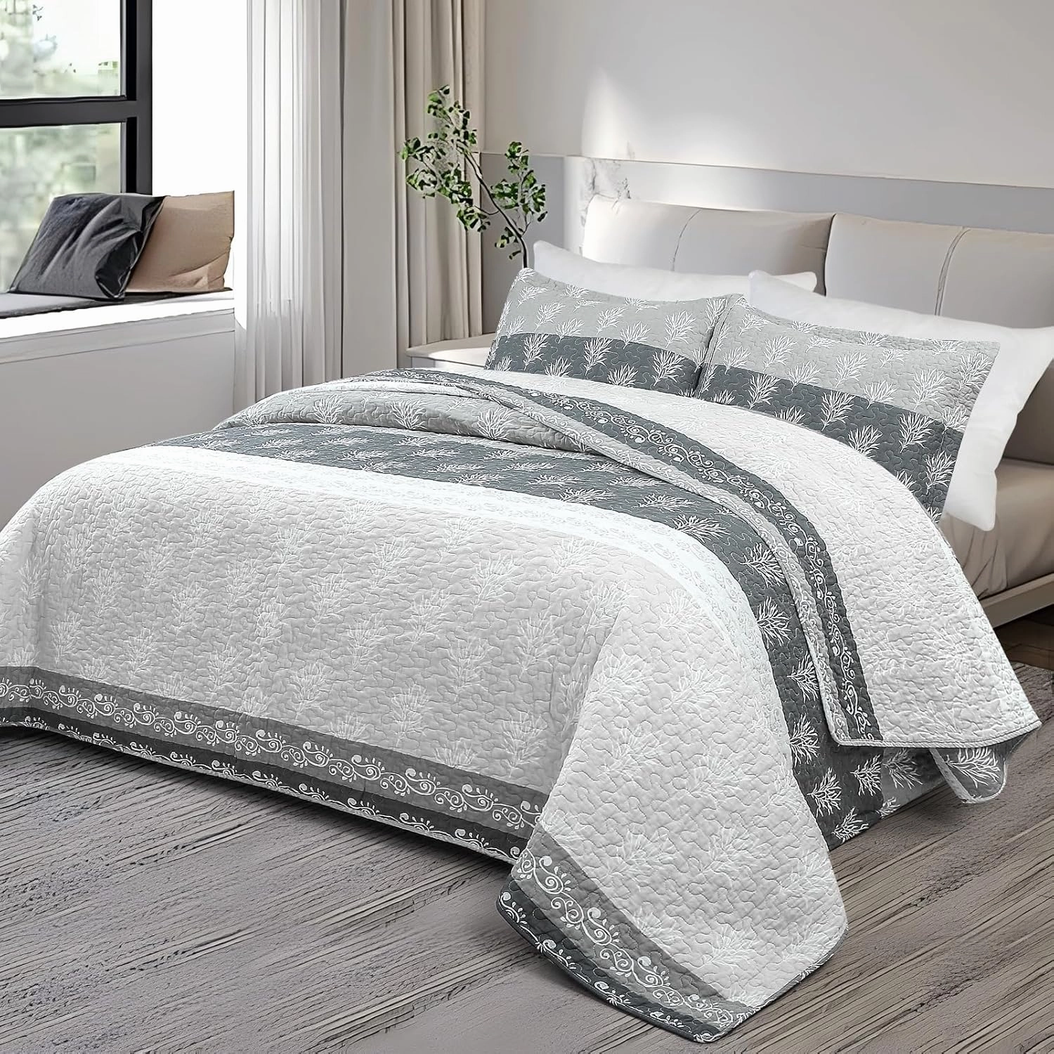 Quilt Set Queen Size - Queen Quilts Bedding Set, 100% Cotton Reversible Luxury Comforter Set, Farmhouse Floral Boho Striped Patchwork Bedspreads Set with Shams for All Season, 90"x98" Grey