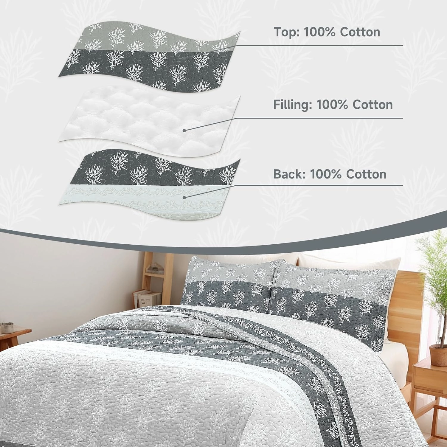 Quilt Set Queen Size - Queen Quilts Bedding Set, 100% Cotton Reversible Luxury Comforter Set, Farmhouse Floral Boho Striped Patchwork Bedspreads Set with Shams for All Season, 90"x98" Grey