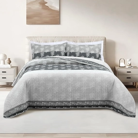 Quilt Set Queen Size - Queen Quilts Bedding Set, 100% Cotton Reversible Luxury Comforter Set, Farmhouse Floral Boho Striped Patchwork Bedspreads Set with Shams for All Season, 90"x98" Grey