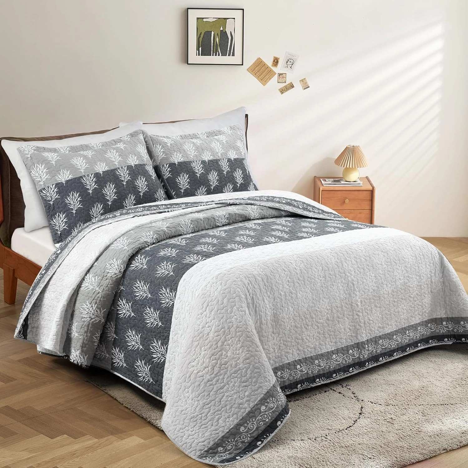 Quilt Set Queen Size - Queen Quilts Bedding Set, 100% Cotton Reversible Luxury Comforter Set, Farmhouse Floral Boho Striped Patchwork Bedspreads Set with Shams for All Season, 90"x98" Grey