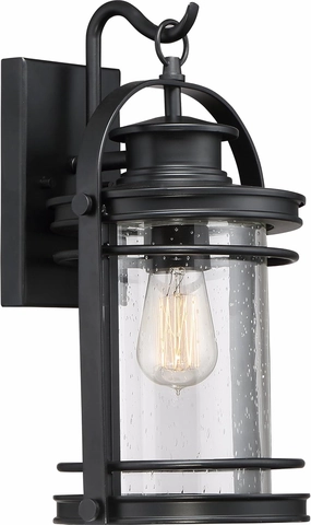 Quoizel Booker 1-Light Matte Black Outdoor Wall Lantern with Seeded Glass, Industrial Style Wall Light for Front Door, Porch, Patio, or Garage
