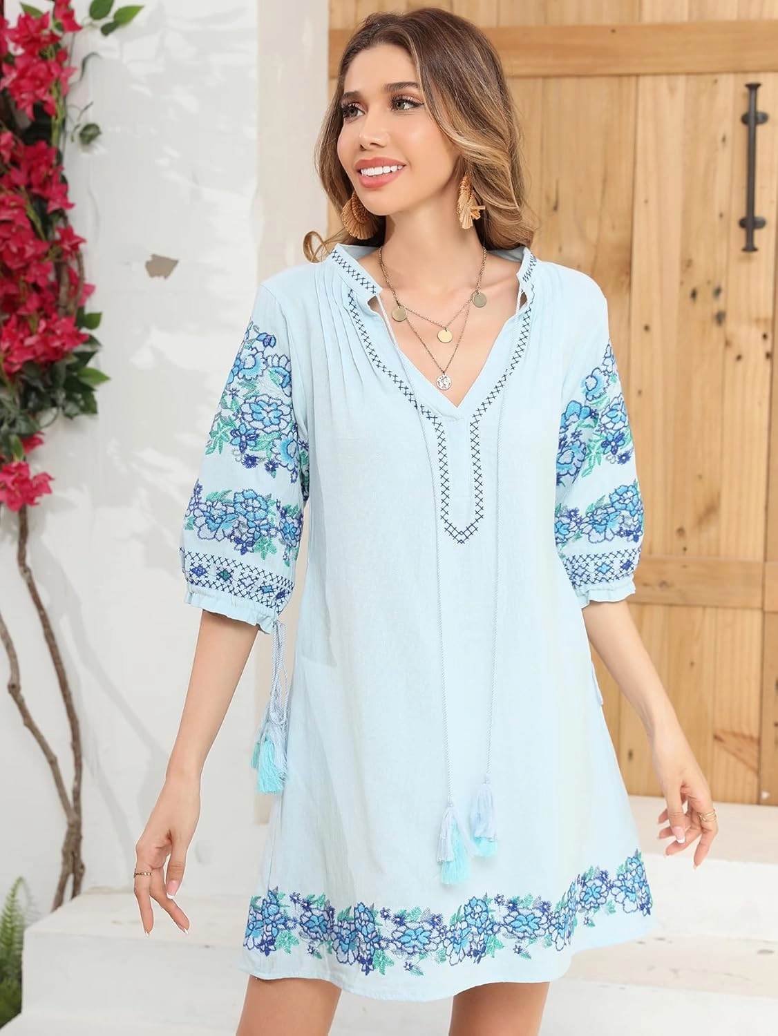 R.Vivimos Women's Autumn 3/4 Sleeve Cotton V Neck Floral Embroidery Casual Tunic Dresses