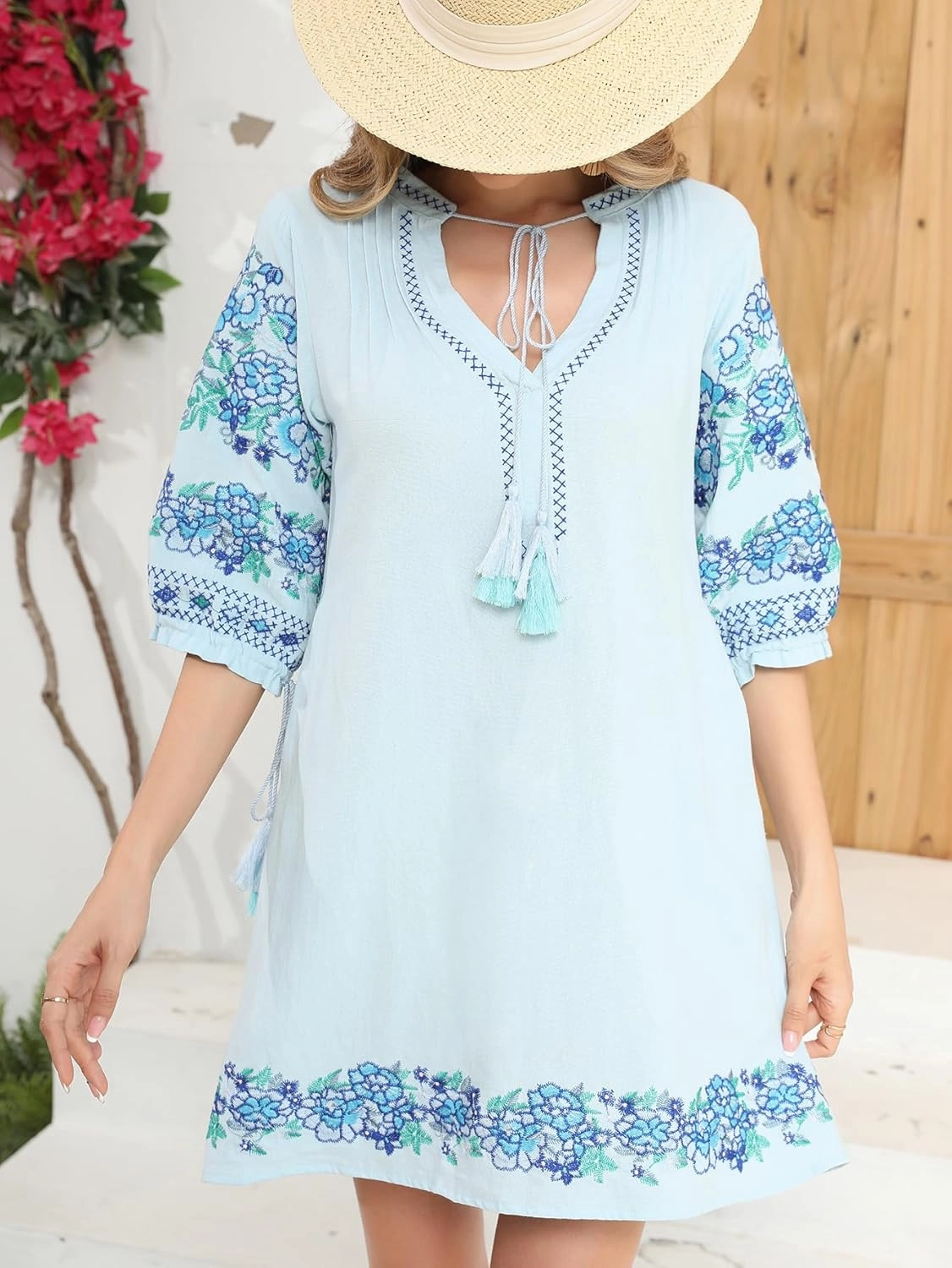 R.Vivimos Women's Autumn 3/4 Sleeve Cotton V Neck Floral Embroidery Casual Tunic Dresses