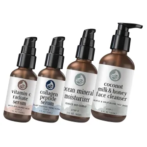 Radiant Skincare Set: Vitamin C Face Serum, Peptide Collagen Serum, Ocean Mineral Moisturizer & Milk & Honey Cleanser