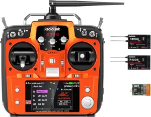 Radiolink AT10II 2.4Ghz 12 Channels RC Transmitter and 2 of R12DS Receivers Radio Controller Airplane Voltage Monitor for RC FPV Aircraft, Quad, Helicopter and More (Mode 2 Left Hand Throttle)