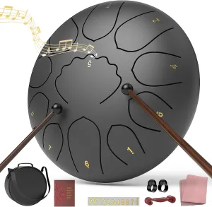 Rain Drum for Outside Garden, 8 Inches 11 Notes Steel Tongue Chakra Drum, Waterproof Meditation Rain Chime, Musical Instruments for Adult Gift with Bag, Music Book, Mallets (Black)