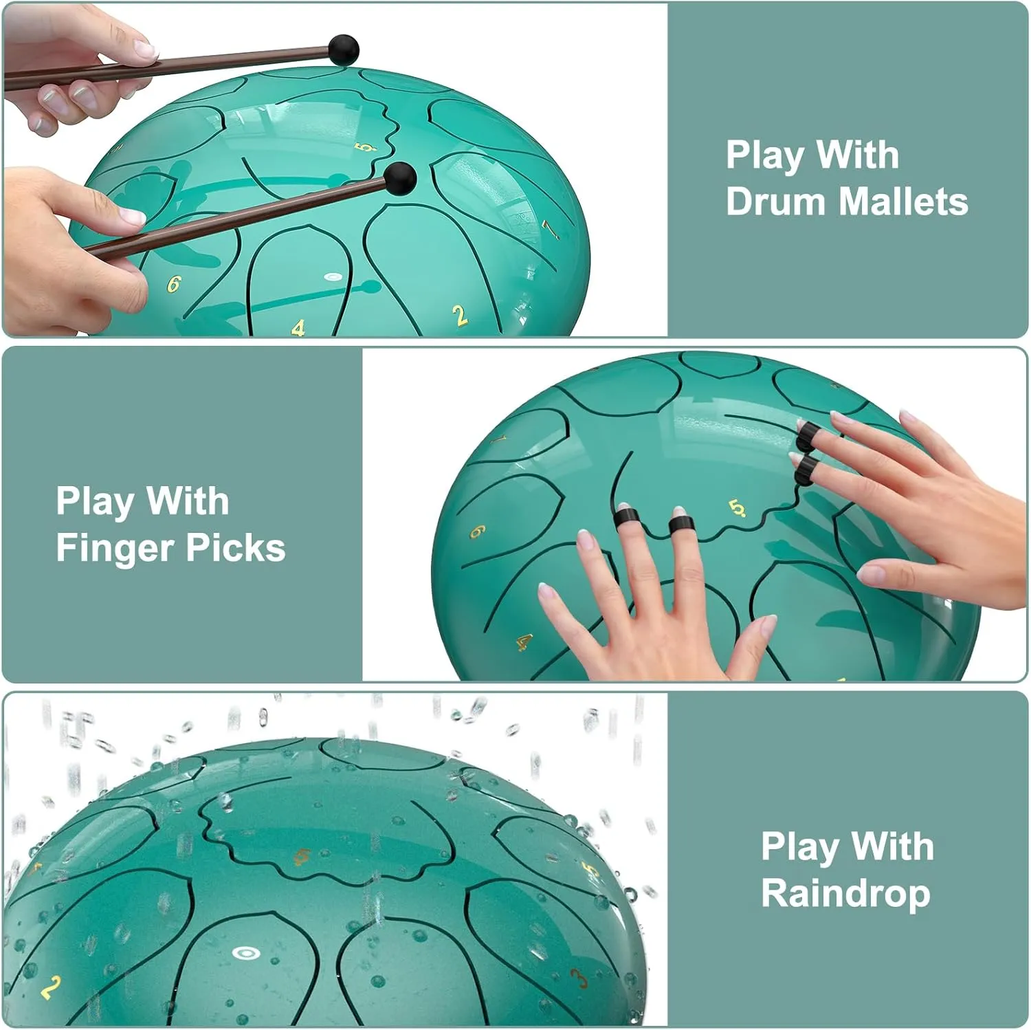 Rain Drum for Outside Garden, 8 Inches 11 Notes Steel Tongue Drum, Waterproof Meditation Rain Chime, Musical Instruments for Adult Gift with Bag, Music Book, Mallets (Lake Blue)