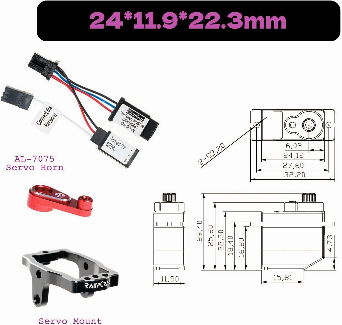 RampCrab 6kg RC Steering Servo with Servo Mount Bracket and Servo Horn for TRX4M RC Car, 1/18 Upgrades Parts, Suitable for TRX4-M Bronco, Defender, K10 (Red Horn)